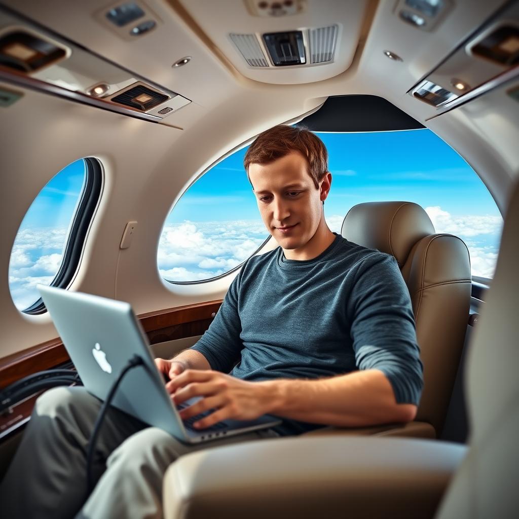 Mark Zuckerberg, the CEO of Facebook, is depicted on a luxurious private jet flying towards Bangladesh