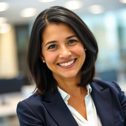 A professional headshot for a LinkedIn profile, featuring a confident and approachable mid-30s female executive with shoulder-length dark hair, wearing a navy blazer over a white blouse