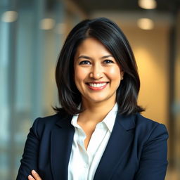 A professional headshot for a LinkedIn profile, featuring a confident and approachable mid-30s female executive with shoulder-length dark hair, wearing a navy blazer over a white blouse