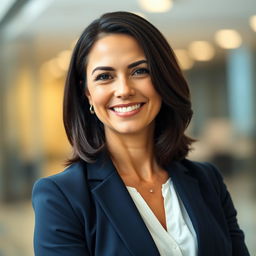 A professional headshot for a LinkedIn profile, featuring a confident and approachable mid-30s female executive with shoulder-length dark hair, wearing a navy blazer over a white blouse