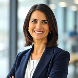 A professional headshot for a LinkedIn profile, featuring a confident and approachable mid-30s female executive with shoulder-length dark hair, wearing a navy blazer over a white blouse