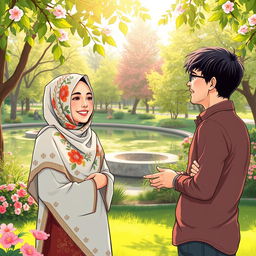 A captivating illustration of a Muslim girl in a beautifully designed, colorful hijab, smiling and engaging in a friendly conversation with an atheist man who is casually dressed