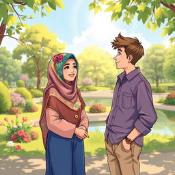 A captivating illustration of a Muslim girl in a beautifully designed, colorful hijab, smiling and engaging in a friendly conversation with an atheist man who is casually dressed
