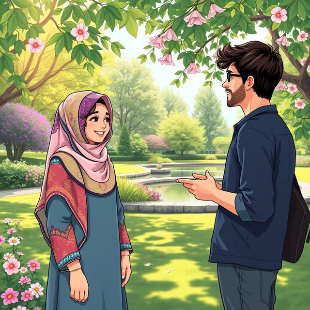 A captivating illustration of a Muslim girl in a beautifully designed, colorful hijab, smiling and engaging in a friendly conversation with an atheist man who is casually dressed