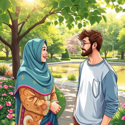 A captivating illustration of a Muslim girl in a beautifully designed, colorful hijab, smiling and engaging in a friendly conversation with an atheist man who is casually dressed