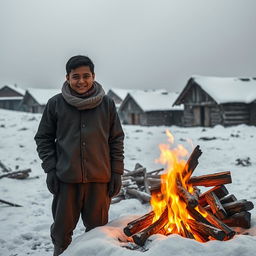 A touching scene depicting a Nepali boy and his father standing in a snow-covered village during winter