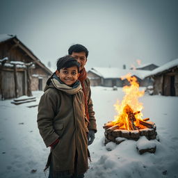 A touching scene depicting a Nepali boy and his father standing in a snow-covered village during winter