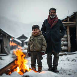 A touching scene depicting a Nepali boy and his father standing in a snow-covered village during winter