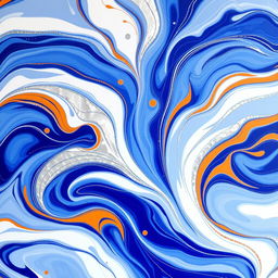 A handmade wall paint design featuring a beautiful abstract pattern utilizing shades of blue, white, and silver with accents of vibrant orange