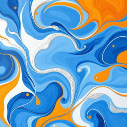 A handmade wall paint design featuring a beautiful abstract pattern utilizing shades of blue, white, and silver with accents of vibrant orange