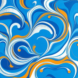 A handmade wall paint design featuring a beautiful abstract pattern utilizing shades of blue, white, and silver with accents of vibrant orange