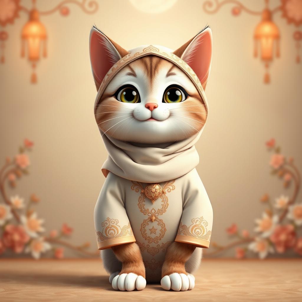 A hyper-realistic animated-style female cat standing upright in front of the camera, full-body view