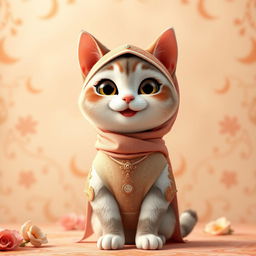 A hyper-realistic animated-style female cat standing upright in front of the camera, full-body view