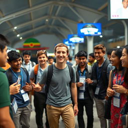Mark Zuckerberg arriving at an airport in Bangladesh, surrounded by teenage advisors and coordinators, all looking excited