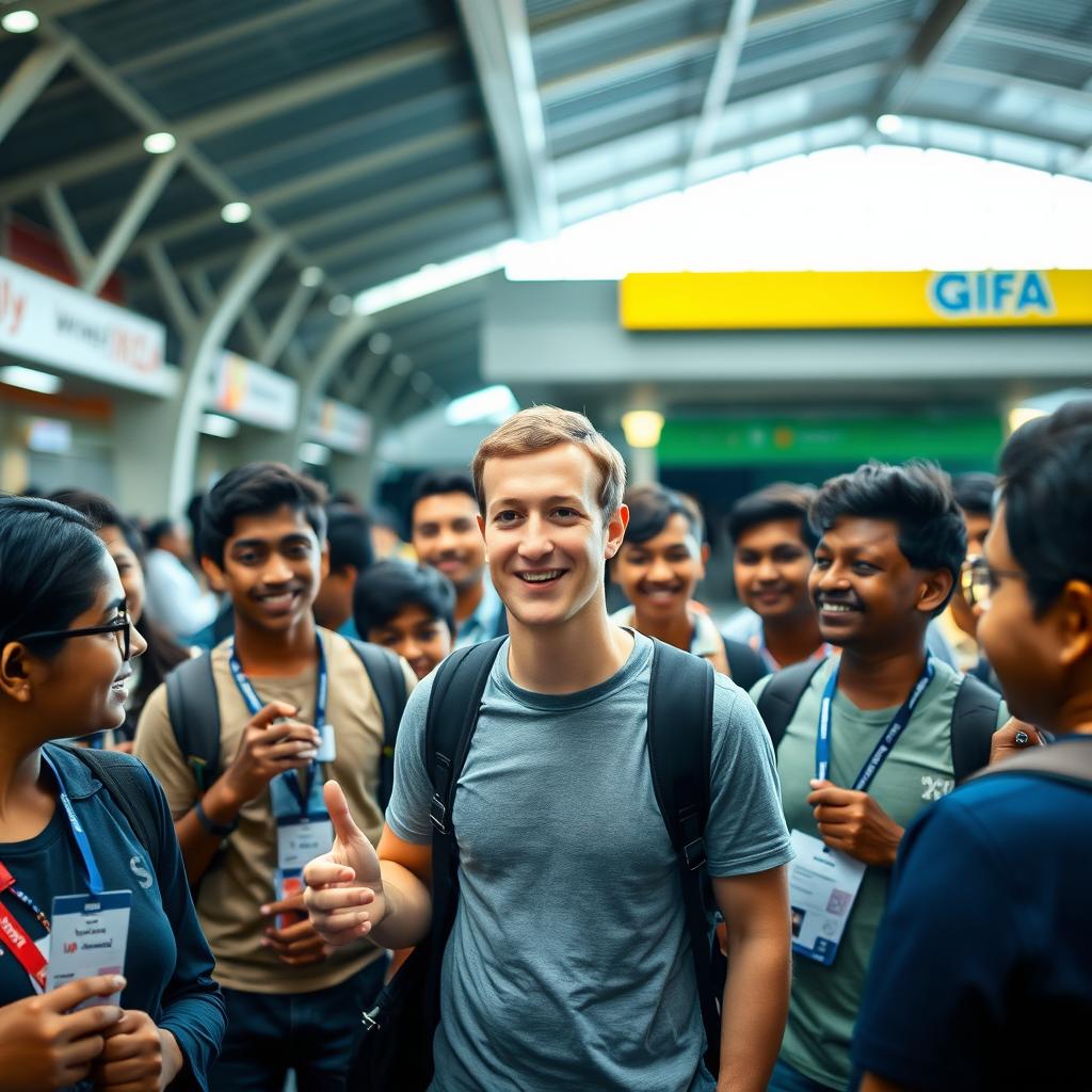 Mark Zuckerberg arriving at an airport in Bangladesh, surrounded by teenage advisors and coordinators, all looking excited