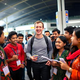 Mark Zuckerberg arriving at an airport in Bangladesh, surrounded by teenage advisors and coordinators, all looking excited