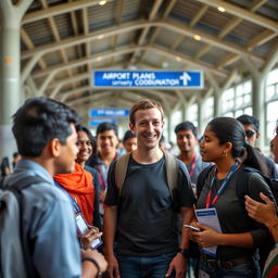 Mark Zuckerberg arriving at an airport in Bangladesh, surrounded by teenage advisors and coordinators, all looking excited