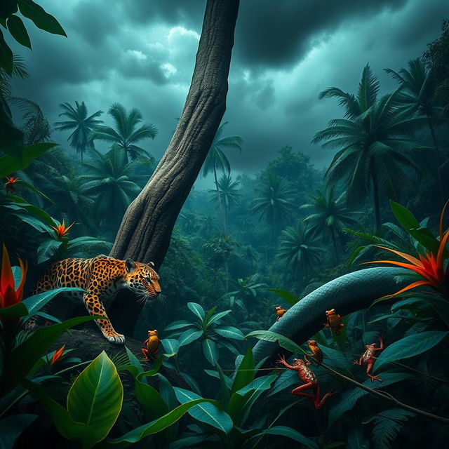 A dramatic and immersive scene set in the Amazon rainforest, showcasing the terrifying dangers that lurk in this vibrant ecosystem