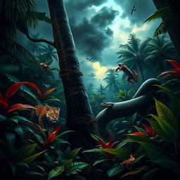 A dramatic and immersive scene set in the Amazon rainforest, showcasing the terrifying dangers that lurk in this vibrant ecosystem
