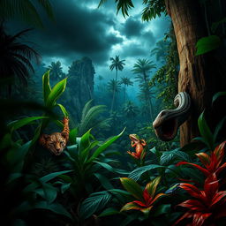 A dramatic and immersive scene set in the Amazon rainforest, showcasing the terrifying dangers that lurk in this vibrant ecosystem