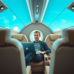 Mark Zuckerberg sitting comfortably in a private jet, dressed in casual attire, looking focused and engaged as he works on a laptop