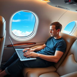 Mark Zuckerberg sitting comfortably in a private jet, dressed in casual attire, looking focused and engaged as he works on a laptop