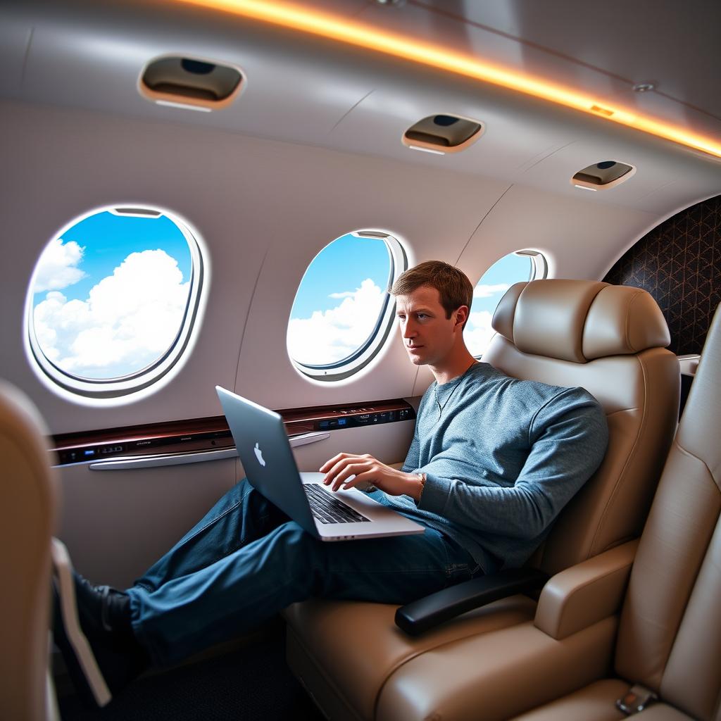 Mark Zuckerberg sitting comfortably in a private jet, dressed in casual attire, looking focused and engaged as he works on a laptop