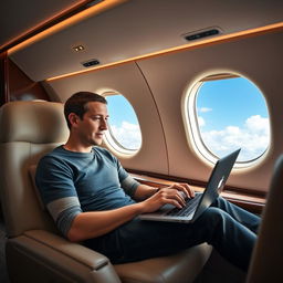 Mark Zuckerberg sitting comfortably in a private jet, dressed in casual attire, looking focused and engaged as he works on a laptop