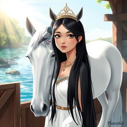 A full-body illustration of a 13-year-old white Brazilian princess with long, straight black hair, dark eyes, and fair skin, adorned with a delicate crown