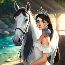 A full-body illustration of a 13-year-old white Brazilian princess with long, straight black hair, dark eyes, and fair skin, adorned with a delicate crown