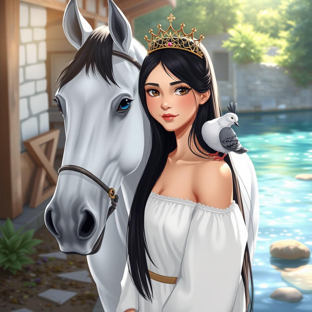 A full-body illustration of a 13-year-old white Brazilian princess with long, straight black hair, dark eyes, and fair skin, adorned with a delicate crown