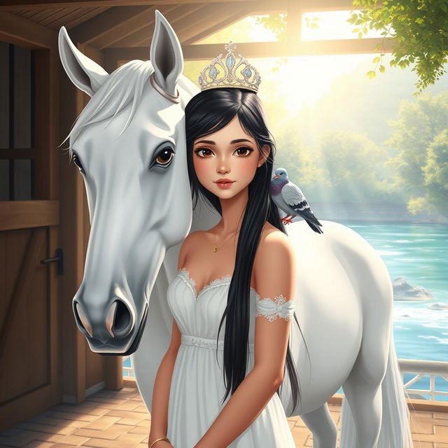 A full-body illustration of a 13-year-old white Brazilian princess with long, straight black hair, dark eyes, and fair skin, adorned with a delicate crown