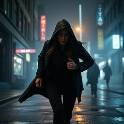 A mysterious woman with a hooded cloak and dark attire runs swiftly through a dimly lit city street at night, her face partially obscured in shadow