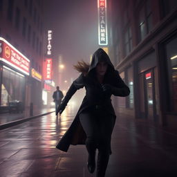 A mysterious woman with a hooded cloak and dark attire runs swiftly through a dimly lit city street at night, her face partially obscured in shadow