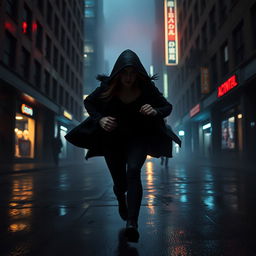 A mysterious woman with a hooded cloak and dark attire runs swiftly through a dimly lit city street at night, her face partially obscured in shadow