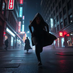 A mysterious woman with a hooded cloak and dark attire runs swiftly through a dimly lit city street at night, her face partially obscured in shadow