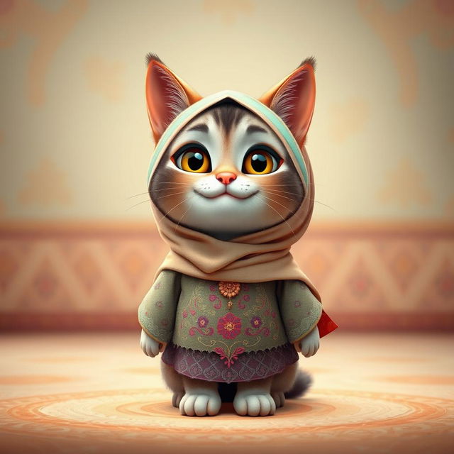 A hyper-realistic animated-style cat standing upright, full-body, directly facing the camera