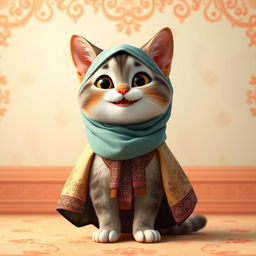 A hyper-realistic animated-style cat standing upright, full-body, directly facing the camera