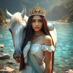 A full body portrait of a 13-year-old Brazilian princess with long straight black hair, dark eyes, and white skin
