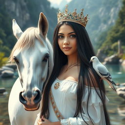 A full body portrait of a 13-year-old Brazilian princess with long straight black hair, dark eyes, and white skin