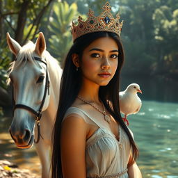 A full body portrait of a young Brazilian princess, appearing to be in her early teenage years, with long straight black hair, dark eyes, and fair skin