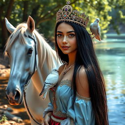 A full body portrait of a young Brazilian princess, appearing to be in her early teenage years, with long straight black hair, dark eyes, and fair skin