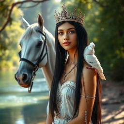 A full body portrait of a young Brazilian princess, appearing to be in her early teenage years, with long straight black hair, dark eyes, and fair skin
