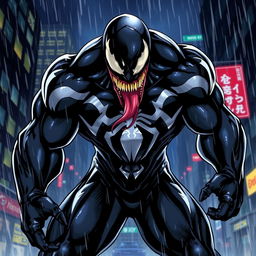 A dynamic and intense illustration of Venom, showcasing his iconic black and white symbiotic suit