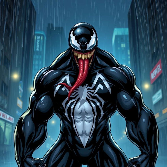 A dynamic and intense illustration of Venom, showcasing his iconic black and white symbiotic suit