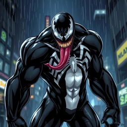 A dynamic and intense illustration of Venom, showcasing his iconic black and white symbiotic suit