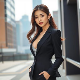A stunning Korean girl resembling Hoyeun Jung, dressed in a sleek black suit that accentuates her figure