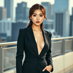 A stunning Korean girl resembling Hoyeun Jung, dressed in a sleek black suit that accentuates her figure