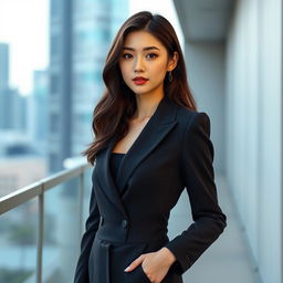 A stunning Korean girl resembling Hoyeun Jung, dressed in a sleek black suit that accentuates her figure