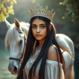 A full body portrait of a 13-year-old Brazilian princess, featuring long straight black hair, dark eyes, and fair skin
